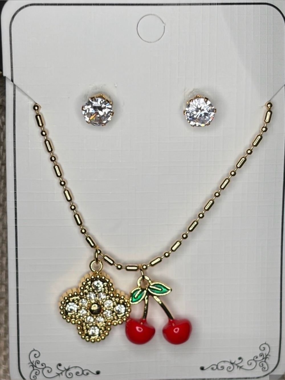 Gold tone Cherry Pendant Necklace & Crystal Stud Earrings - 🍒